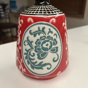 Red Ceramic Bud Vase with Teal Floral Medallion unique shape and textured upper.